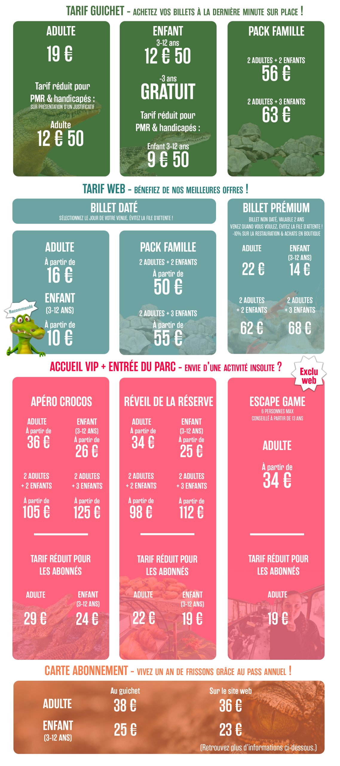 Tarifs basse saison de la Ferme aux Crocodiles 2024